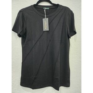 Ofeefan Black Short Sleeve Pleated‎ Front Crew Neck Tee Shirt Small NEW